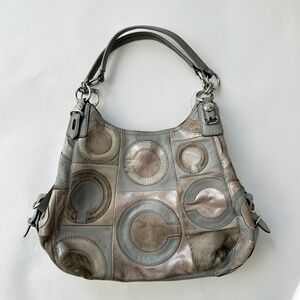 Coach Maggie Mia Leather and Suede Monogram Hobo Bag in Grey / Brown